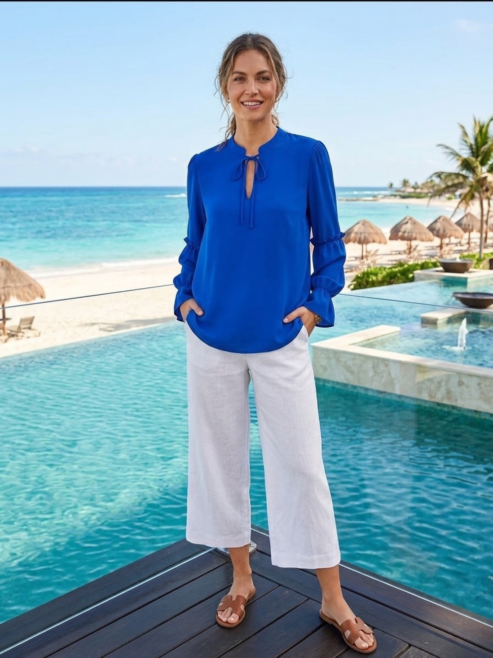 Eloquii Women's Royal Blue Tie-Neck Long Sleeve Size 18